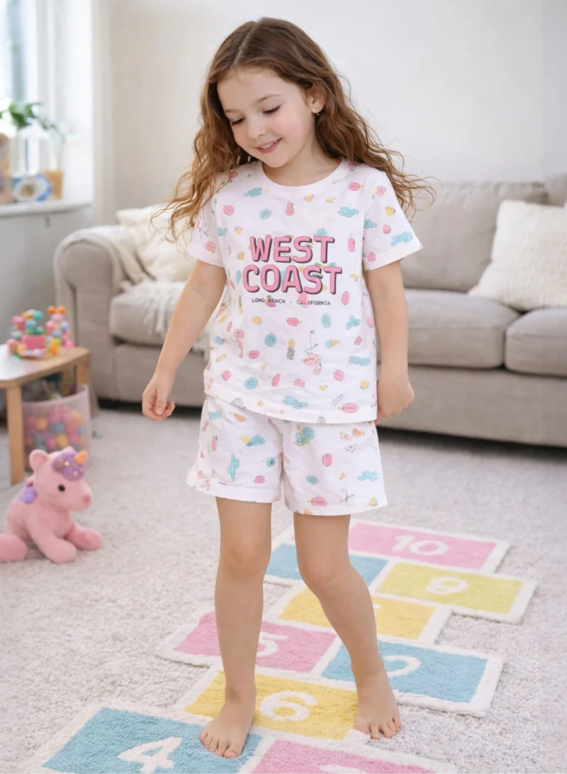 Victor And Jane  Girls West Coast Print Cotton Pajama Set – T-Shirt & Shorts Nightwear for Women | Best Price UAE
